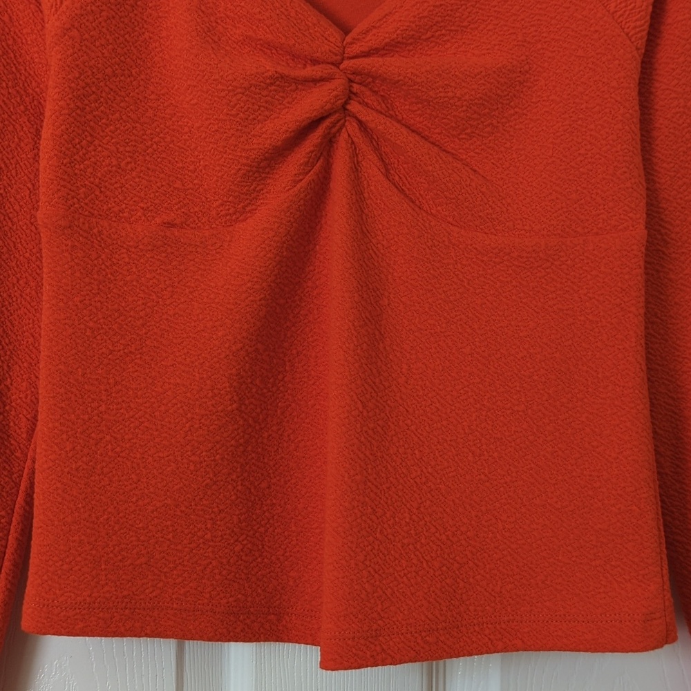 Maeve by Anthropologie Textured Ruched Bust Long Sleeve Cropped Blouse Orange S - Picture 5 of 9